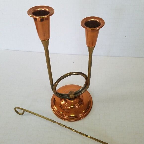 Vintage Coppercraft Guild Double Taper 10" Candle Holder Copper Brass & Snuffer - Picture 4 of 9